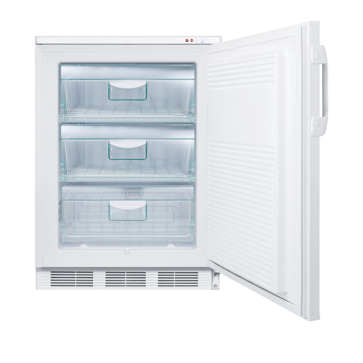 Freestanding medical all-freezer capable of -25 C operation with front-mounted lock